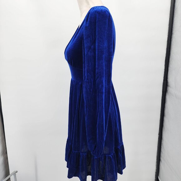 HALARA Deep V Neck Ruffled Hem Velvet Royal Blue Mini Party Dress XS NWT - Picture 8 of 12